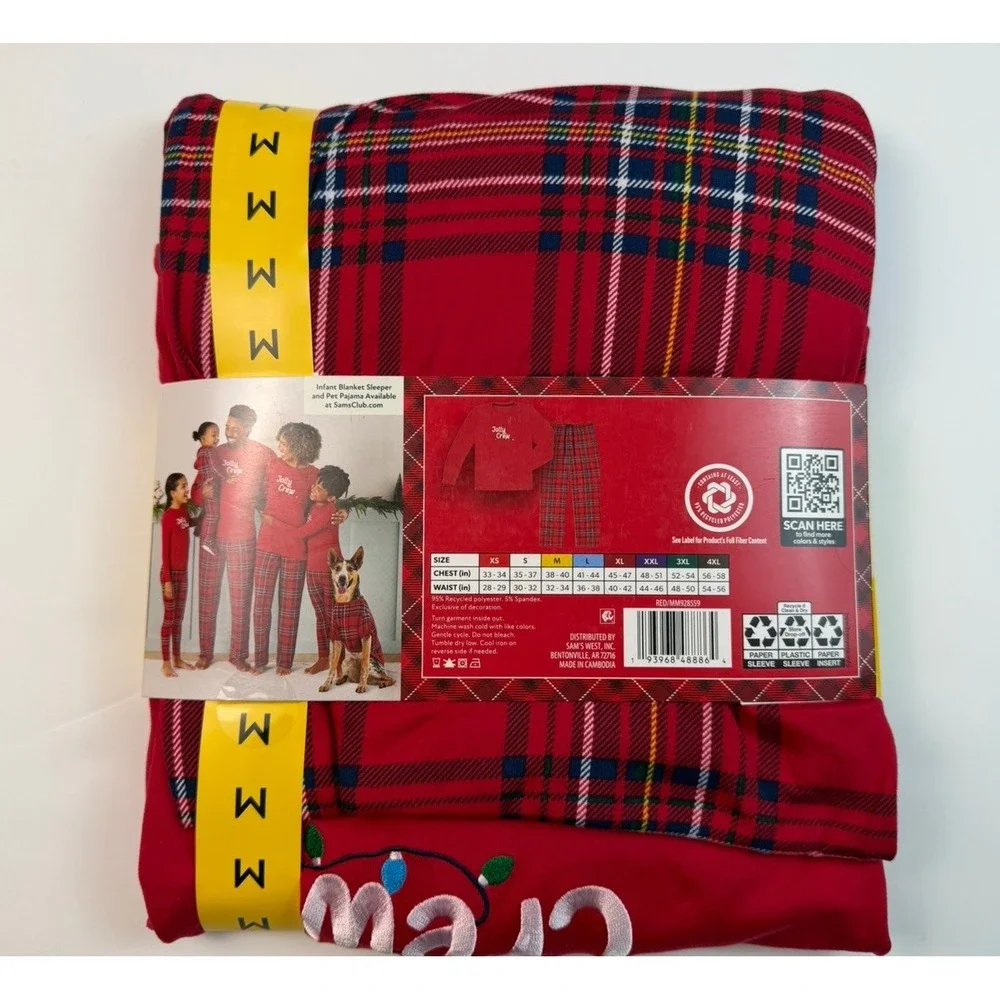 Member's Mark Men's Medium Jolly Crew Holiday Pajama Set Red Plaid NWT